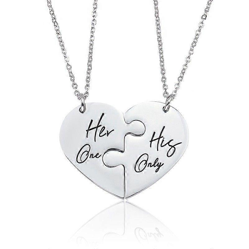 His & Hers Interlocking Heart Necklaces - Romantic Engraved "Her/His" Puzzle Set - Hypoallergenic Steel