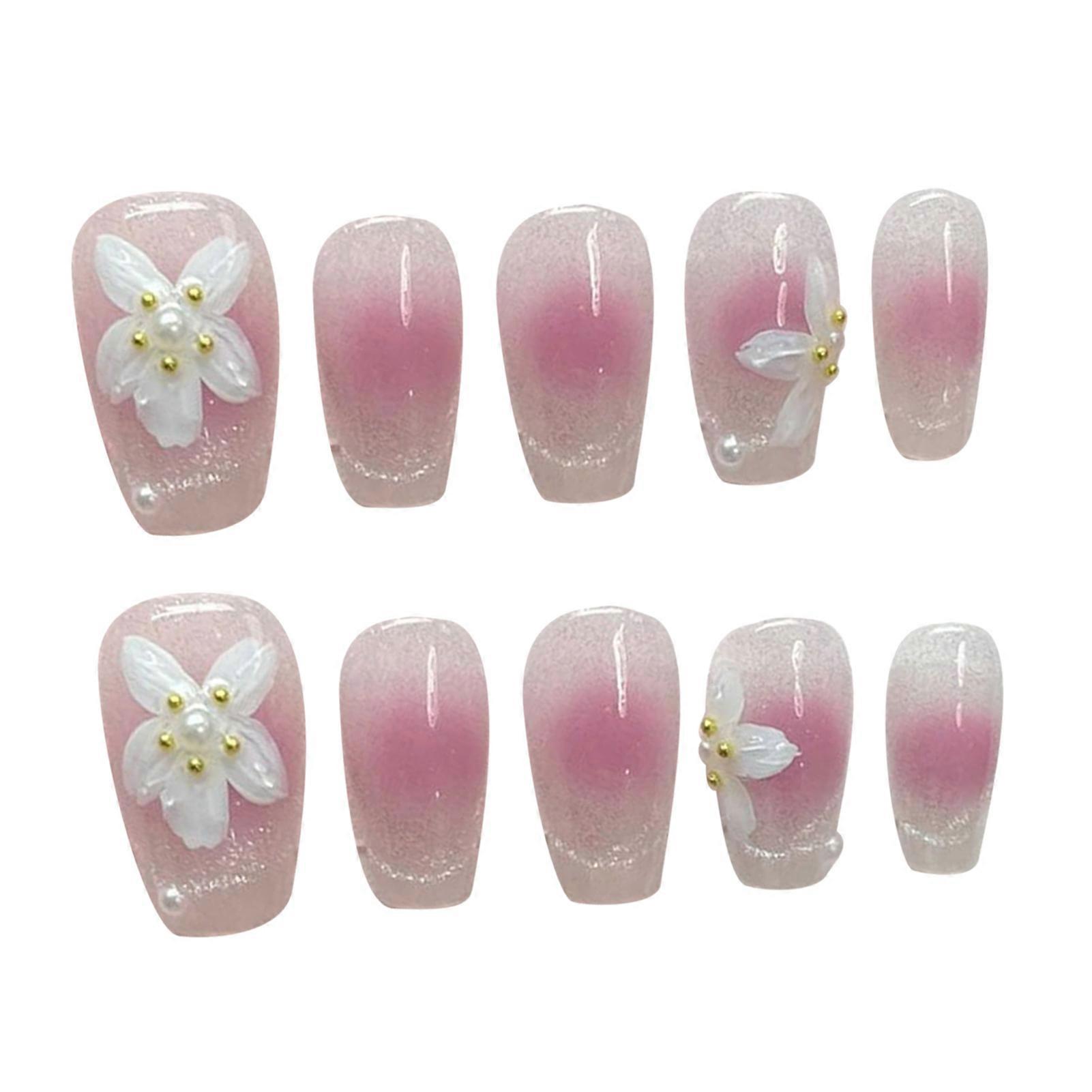 Blush Pink False Nails with Flower Printed Durable & Never Splitting Comfort