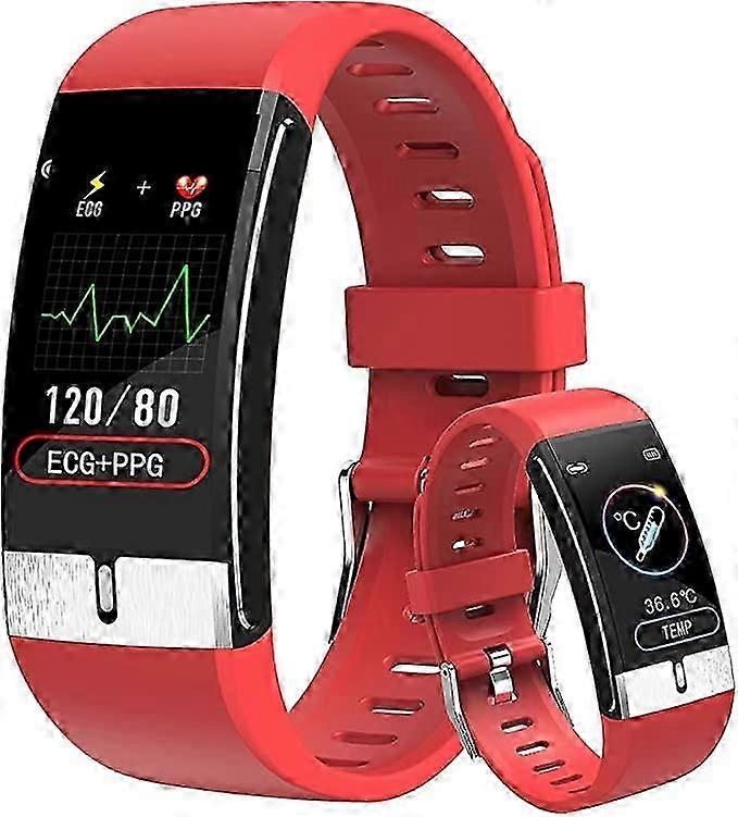 ECG smart watch (red), IP68 waterproof fitness tracker, with temperature measurement EKG PPG SPO2 heart rate, blood pressure, sleep monitor, calorie c