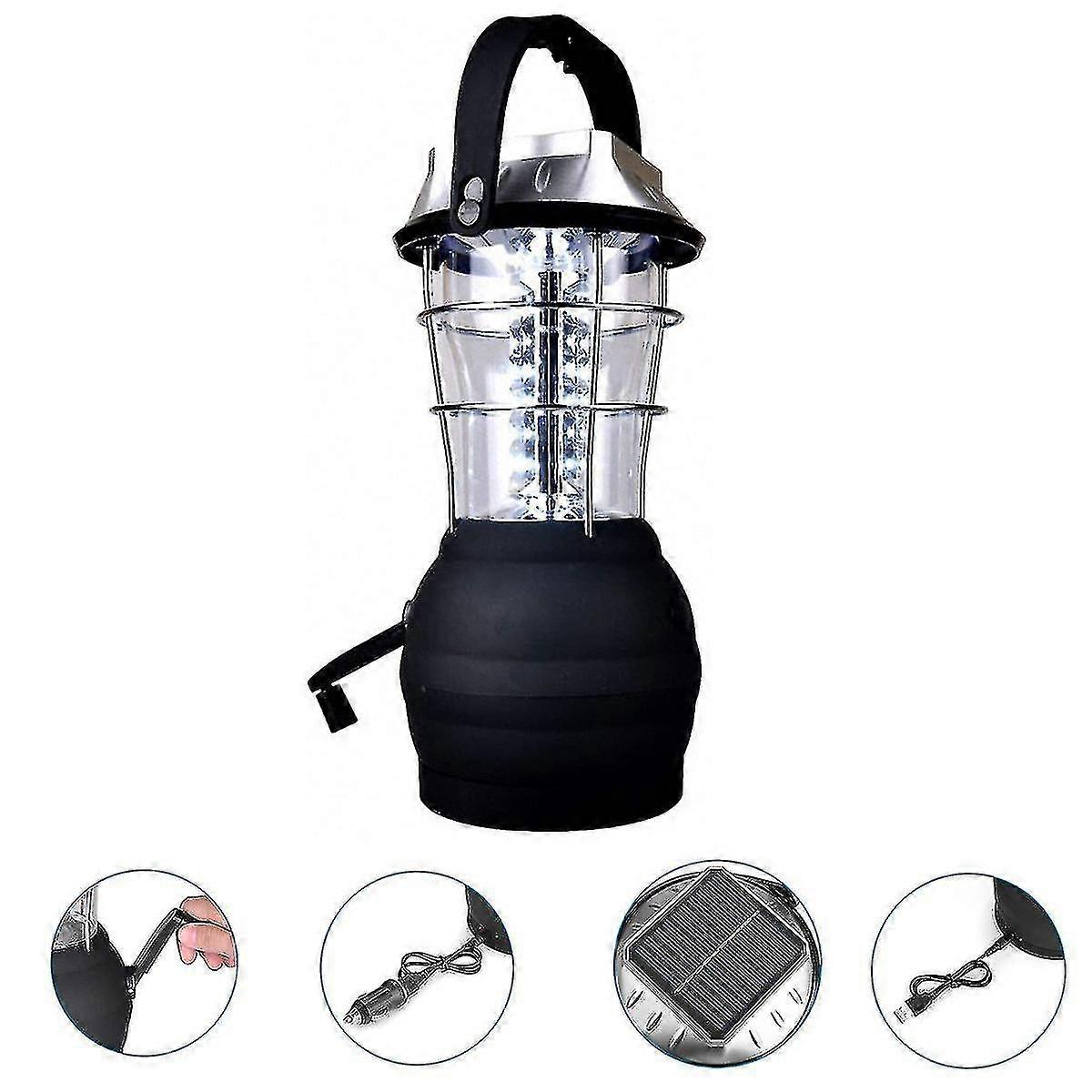 Solar Camping Lantern LED Hand Crank Dynamo Waterproof Emergency Light Black