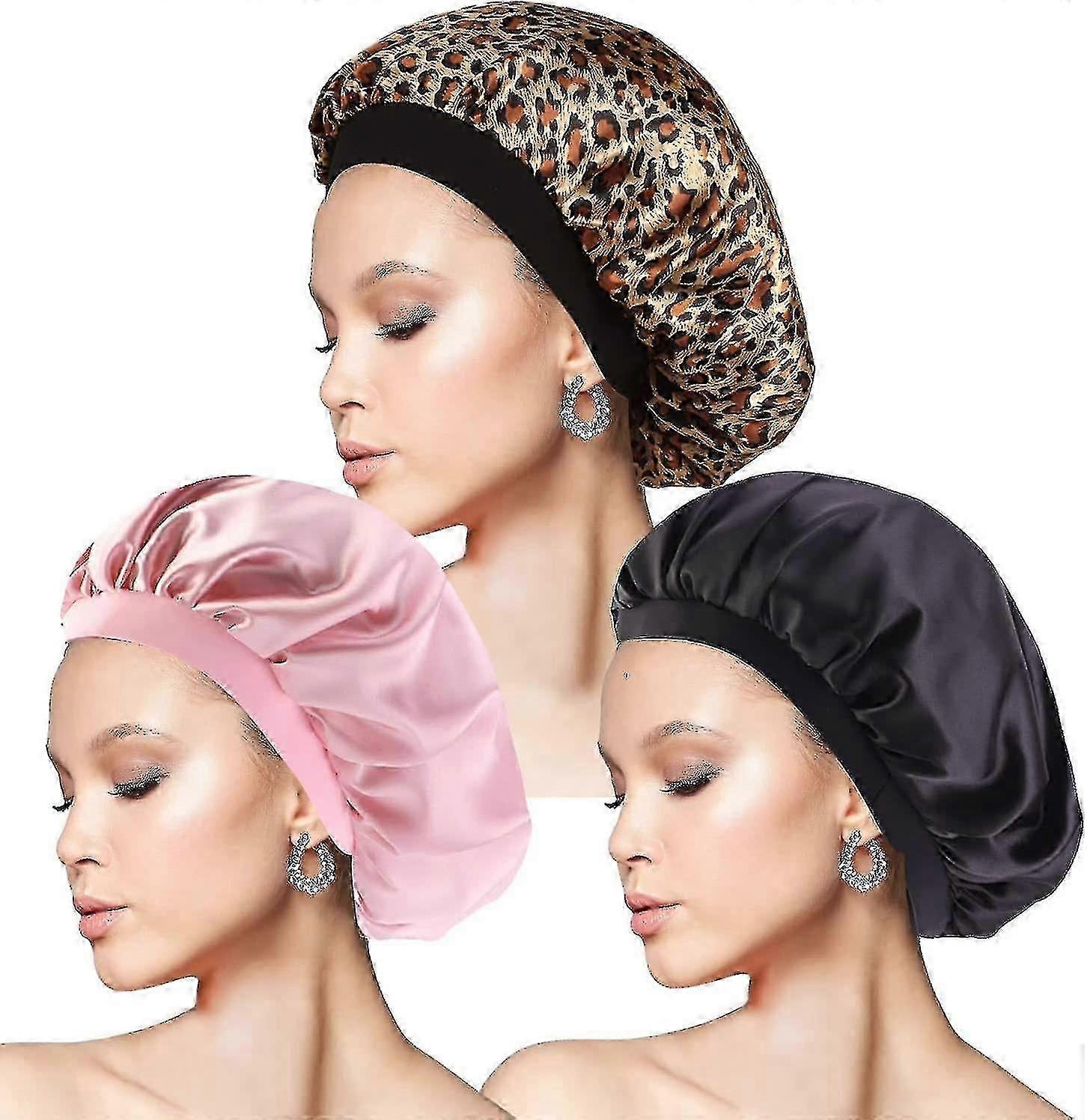 3pcs Satin Bonnet (black, Pink, Leopard)