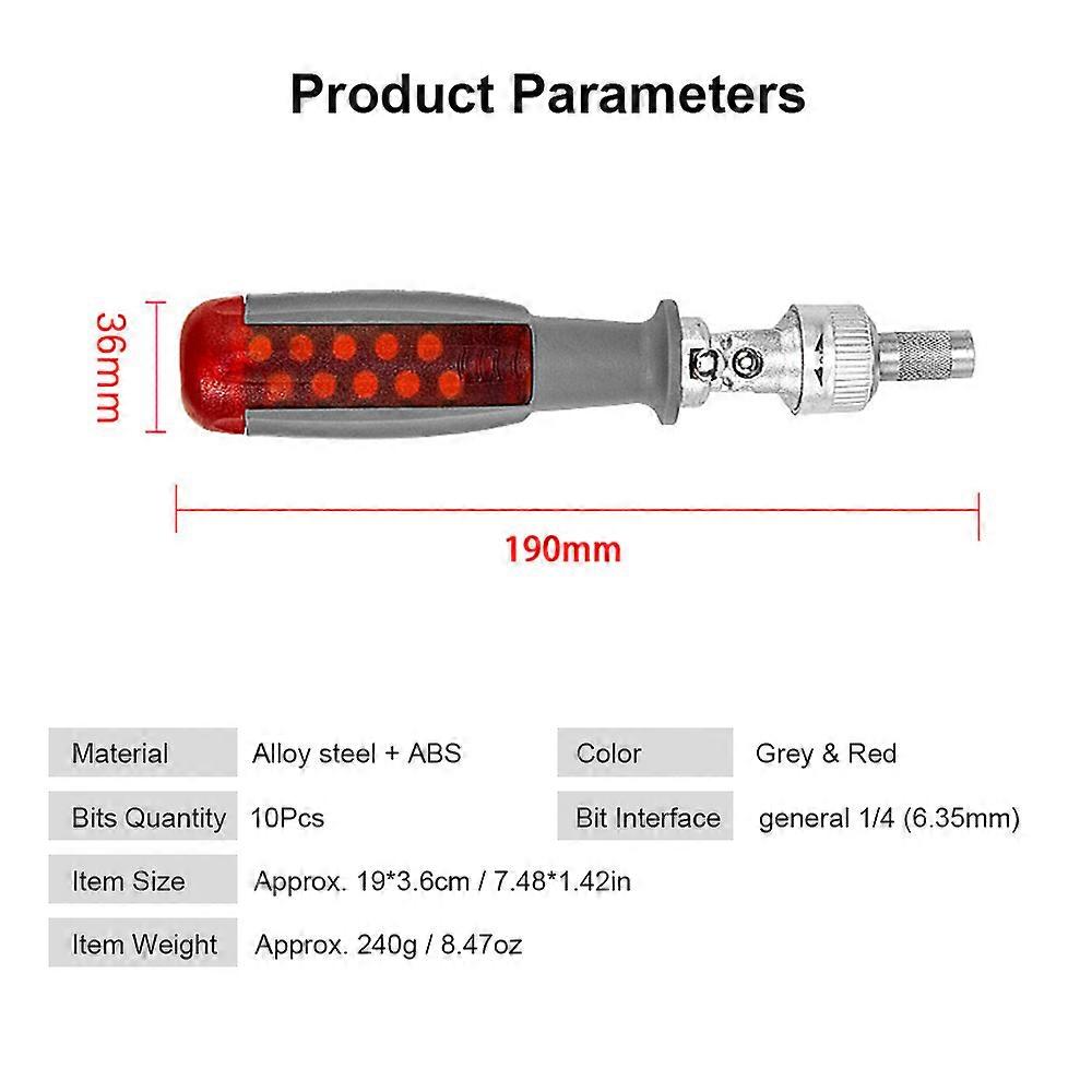 Two-Way Ratchet Screwdriver Set with 10 Bits 180° Alloy Elbow Screwdriver 6.35MM Screw Driver