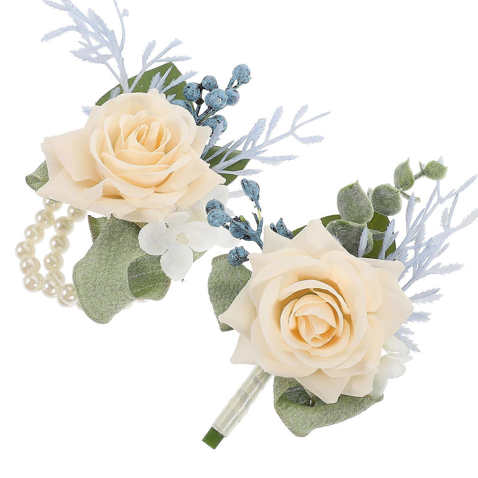 Elegant Artificial Boutonniere and Corsage Set with Pin and Ribbon – Beige Faux Flower Wrist Corsage and Button Flowers for Wedding Ceremonies –