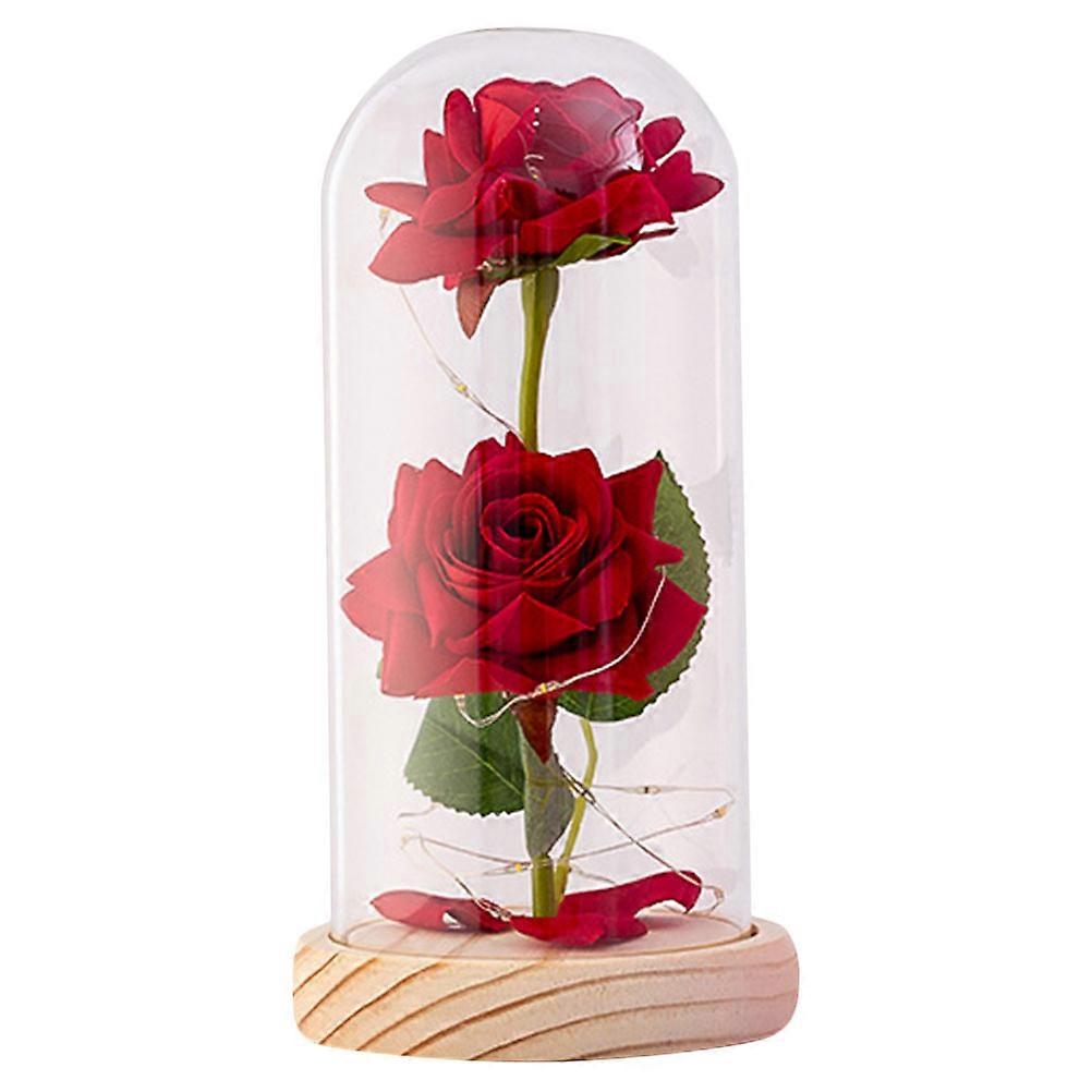 Simulated Rose LED Lamp in Glass Dome with Pine Base – Desktop Decoration Ornament for Valentine's Day