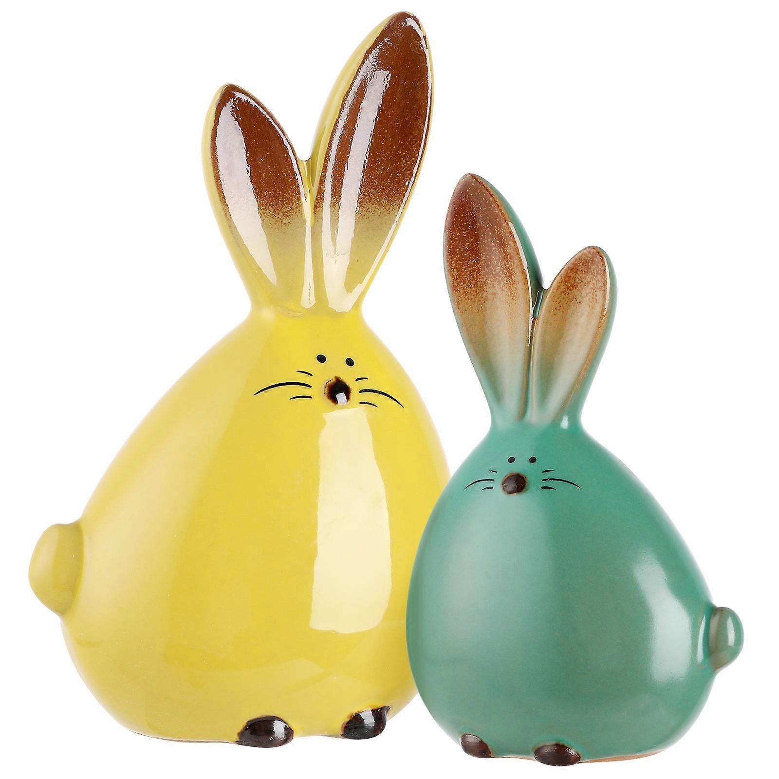 Rabbit Decorations Small Animal Figurines Bunny Figurine Round Body Long Ears Desktop Adornment Ceramic 2Pcs