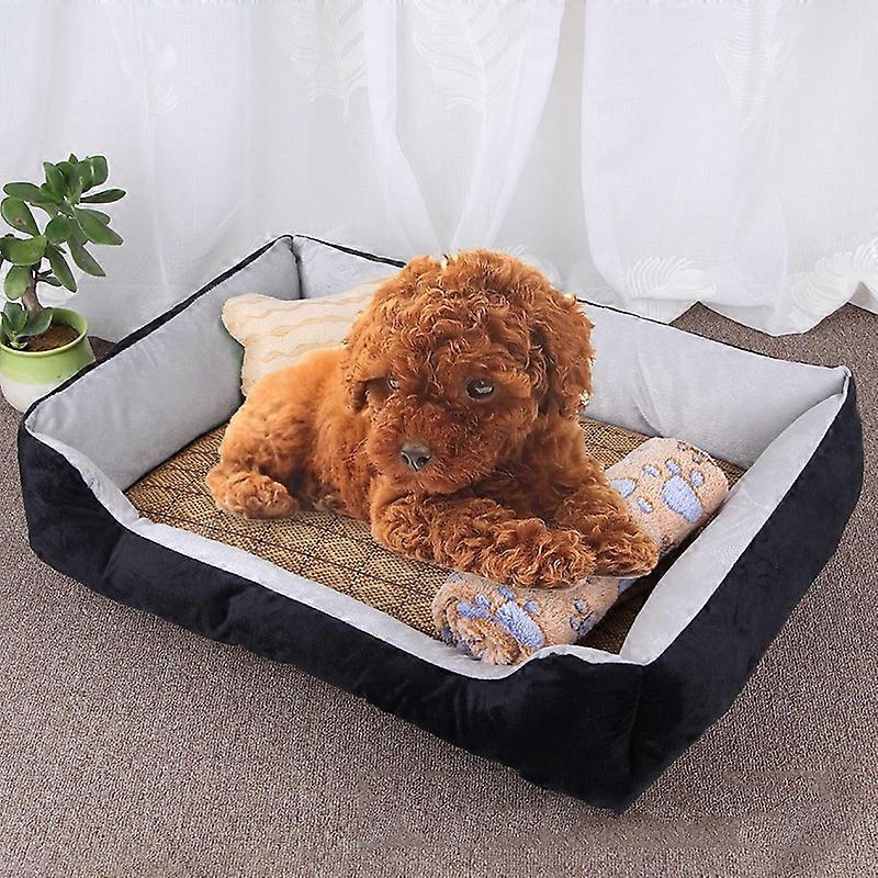 Dog Bone Pattern Big Soft Warm Kennel Pet Dog Cat Mat Blanket, with Rattan Mat & Blanket Size: L, 80×60×15cm