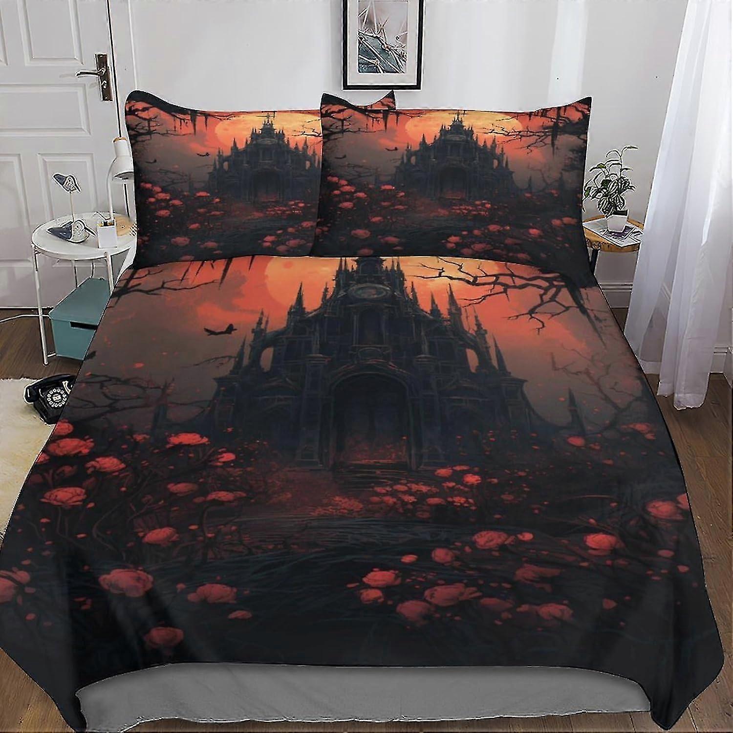 3D Printed Dark Castle Duvet Cover Set, Scary Architecture Quilt Cover, 3 Pieces Soft Microfiber with Zipper Closure for Teens and Adults