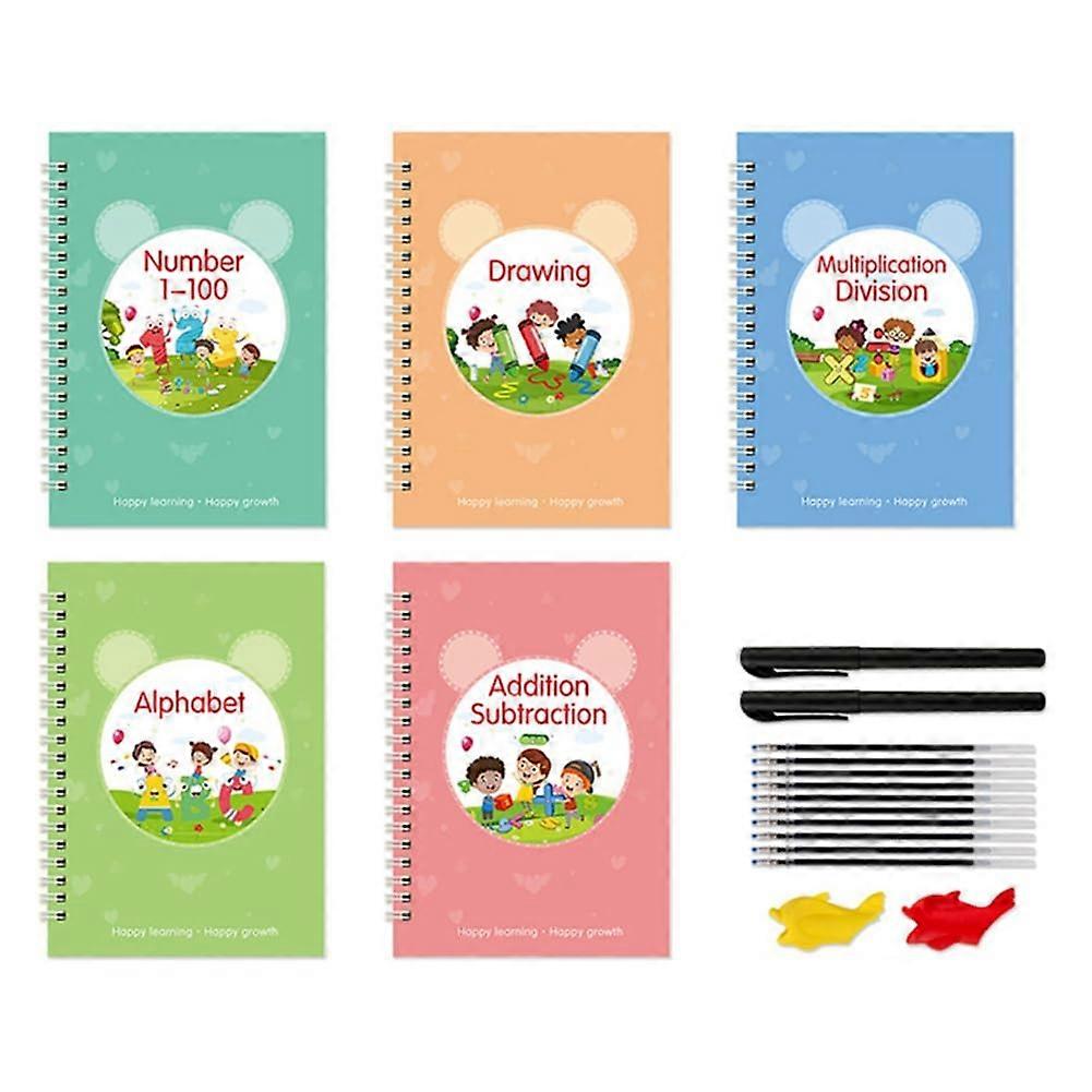 Reusable handwriting practice book with grooves for kids aged 3 to 8 years.