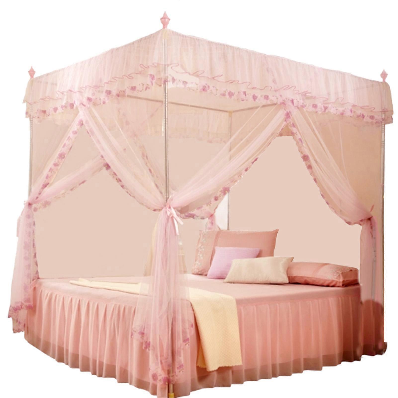 Luxury Princess 3 Side Openings Post Bed Curtain Canopy Netting Mosquito Net Bedding (Pink S)