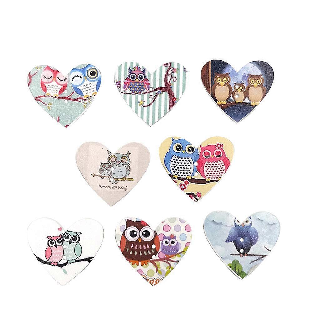 Cartoon Owl Pattern Heart Shape Wooden Buttons Diy Projects Crafters Assorted Color 3.4x3.1cm Diy 50Set