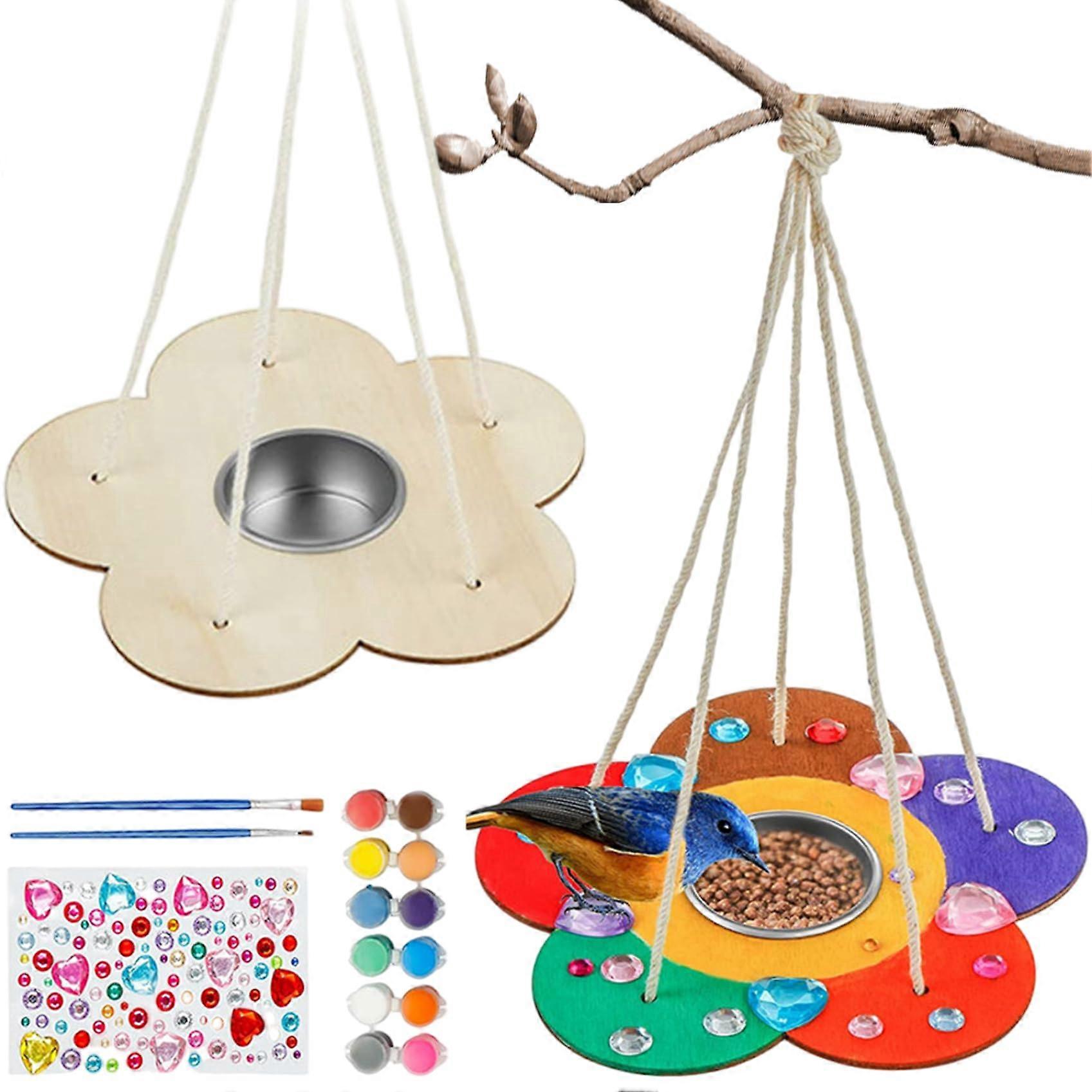 Bird Feeder Kits for Kids - 2 Pack Flower Shaped Wooden Hanging DIY Feeders with 18 Paint Colors and Brushes for Ages 6+