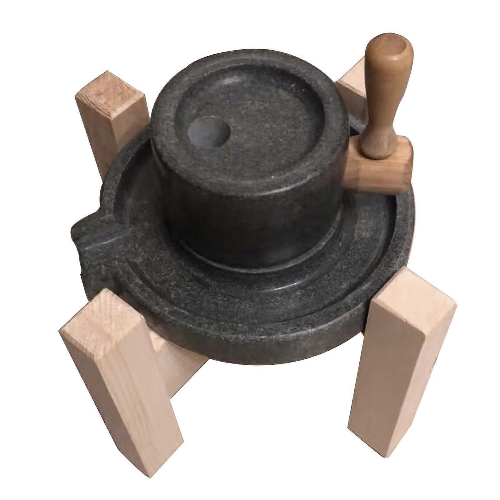 Vintage Lapislazuli Hand Cranked Grain Mill 20cm Stone Mill With Wooden Stand For Wheat Rice Spices Hand Carved Burrs