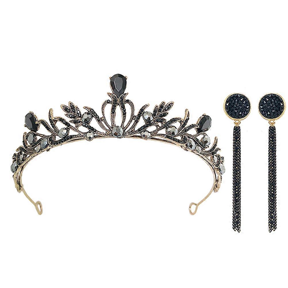 Black Crystal Rhinestone Headband and Earrings Set for Decoration Elegant Wedding Party Gift
