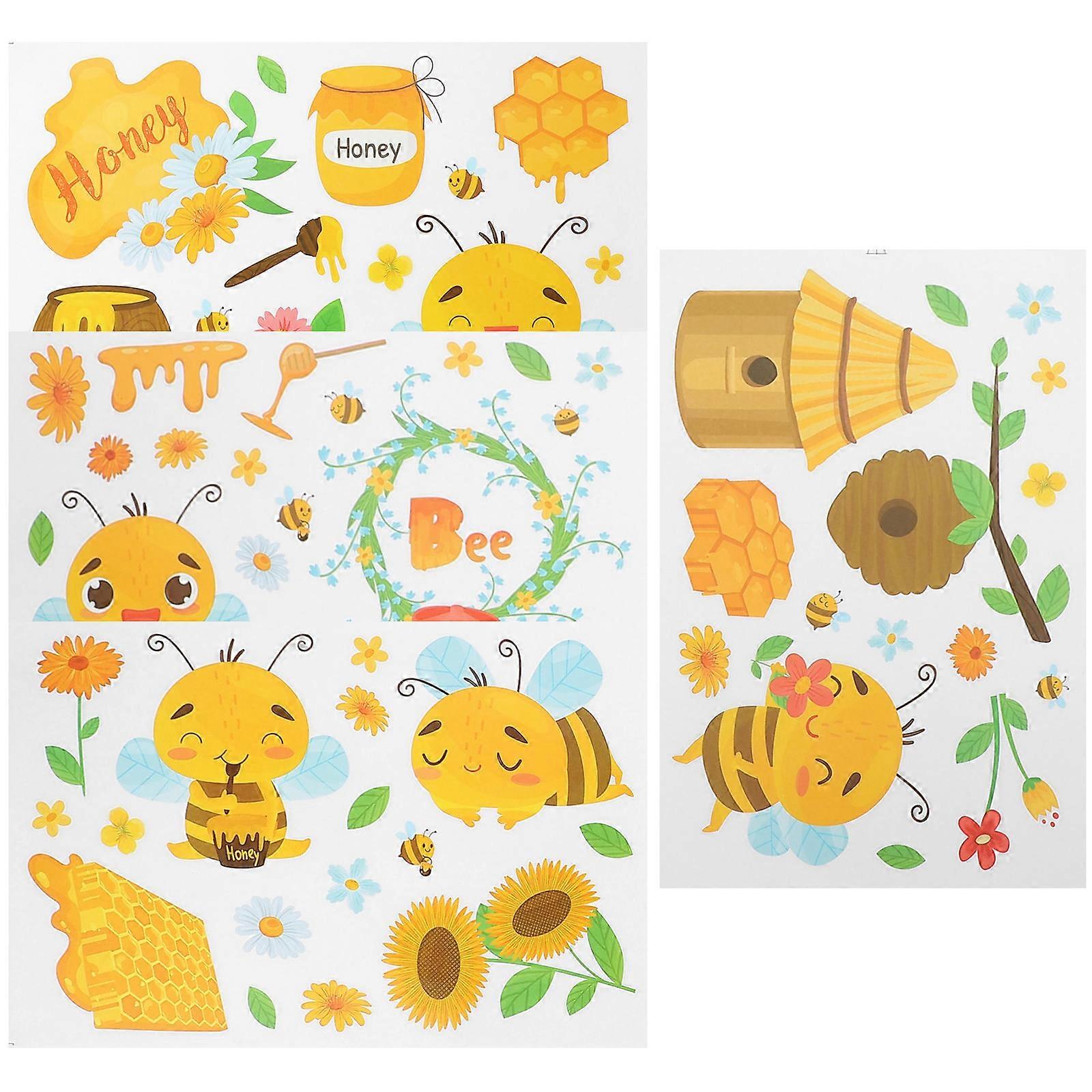 Bee Themed Window Sticker 4 Sheets Decorative Kids Room Balcony Cling Yellow Cartoon Sheet