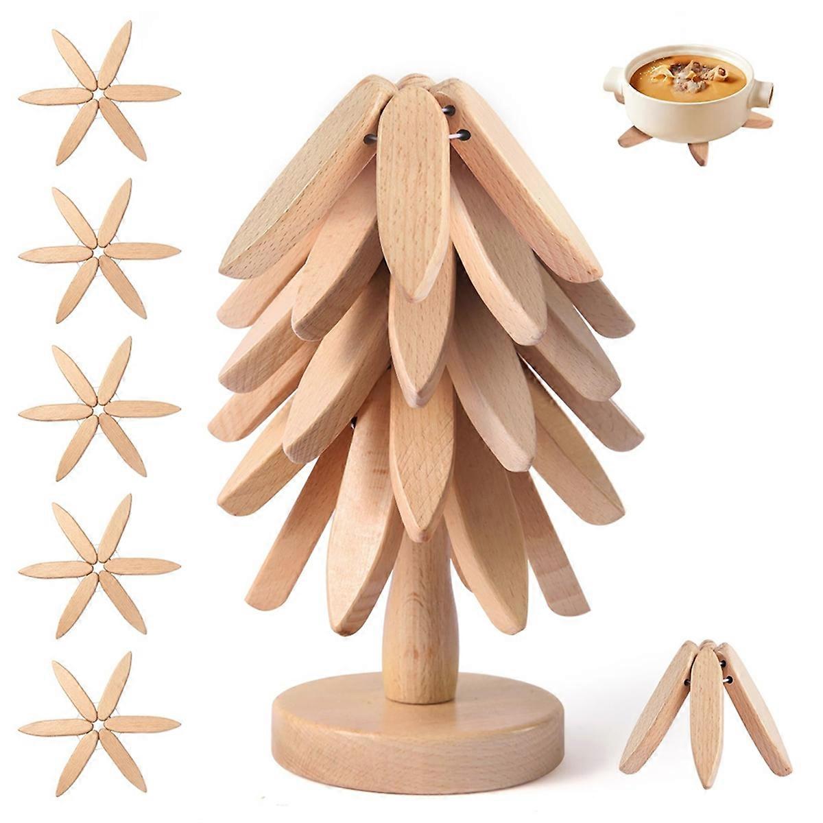Wooden TreeTrivets for Hot Dishes, Wood TreeCoasters Set of 5 Wooden Tree Trivet Set for Hot Pots and Pans Stackable