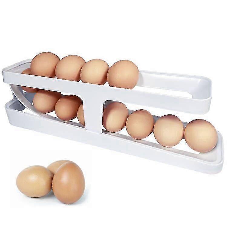 Rolling Egg Tray Egg Holder 2 Tier Rolling Egg Dispenser Automatically Rolling Egg Storage Container for Kitchen Refrigerator Countertop(White)