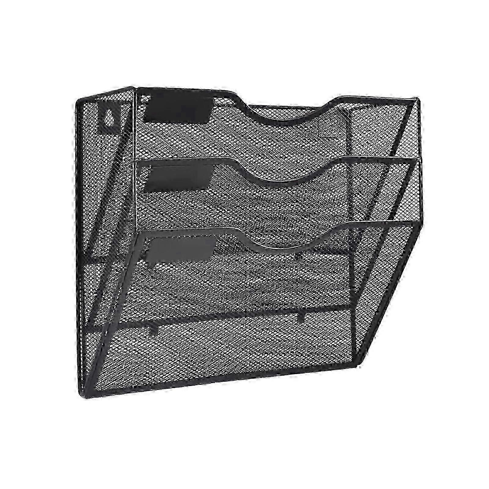Wall Mounted Mesh File Holder Rack 3 Tiers Newspaper Black