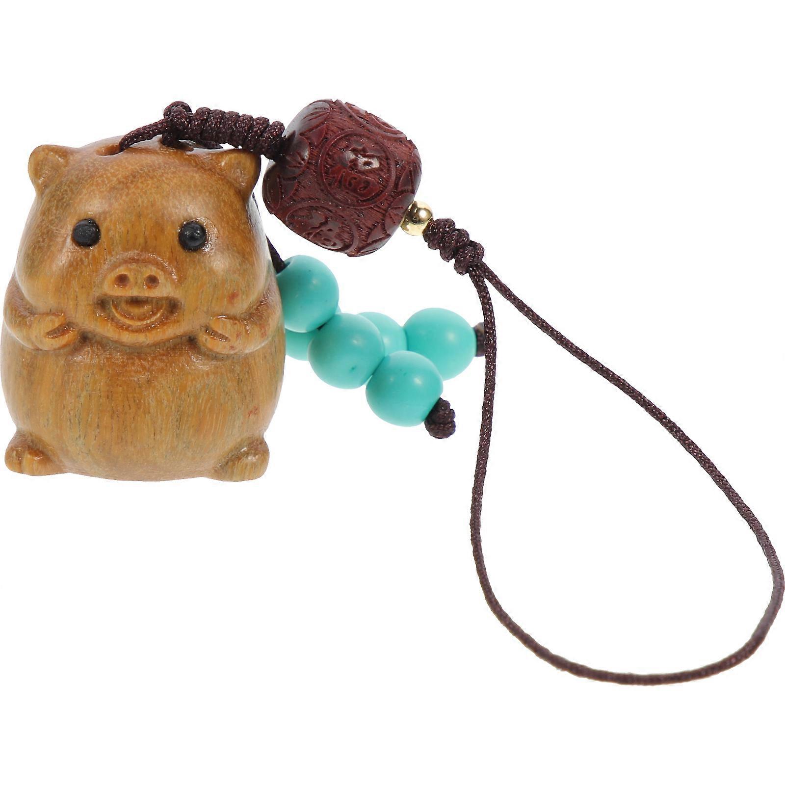 Wood Carving Pig Keychain Ornament for Keys Accessory 3Pcs Khaki Set