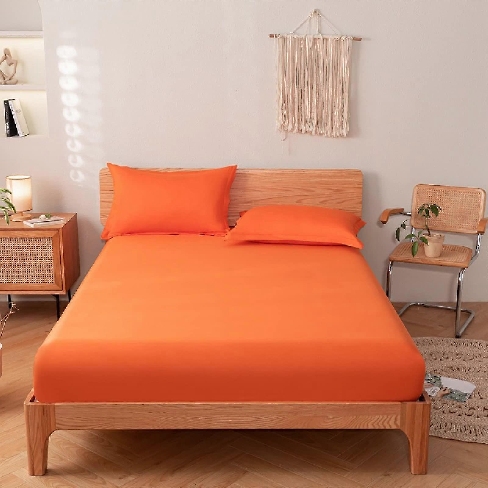 Bed Cover Extra Deep Pocket Cotton Bedding Sheets, Solid Color Orange, Fits 1230 cm Deep Mattresses, 200x220 cm  30 cm