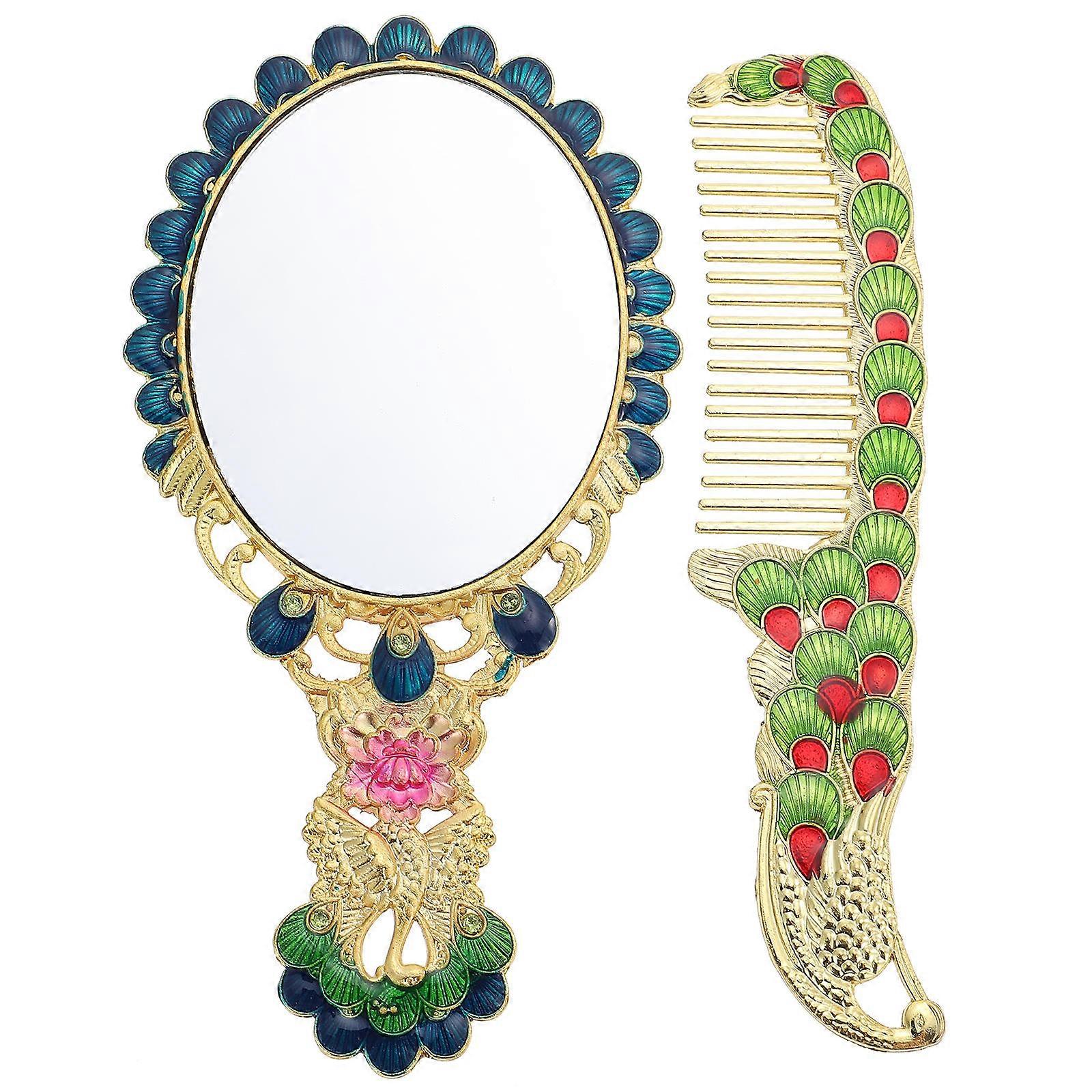 Golden Vintage Hand Mirror with Comb 2Sets Practical Makeup Tool