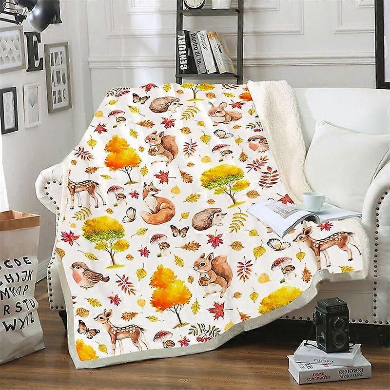 Fall Throw Blanket, Autumn Maple Leaves & Animals, Cute Fox Squirrel Hedgehog Rabbit Bird Mushroom, Soft Cozy Lightweight Blanket for Couch Bed Sofa