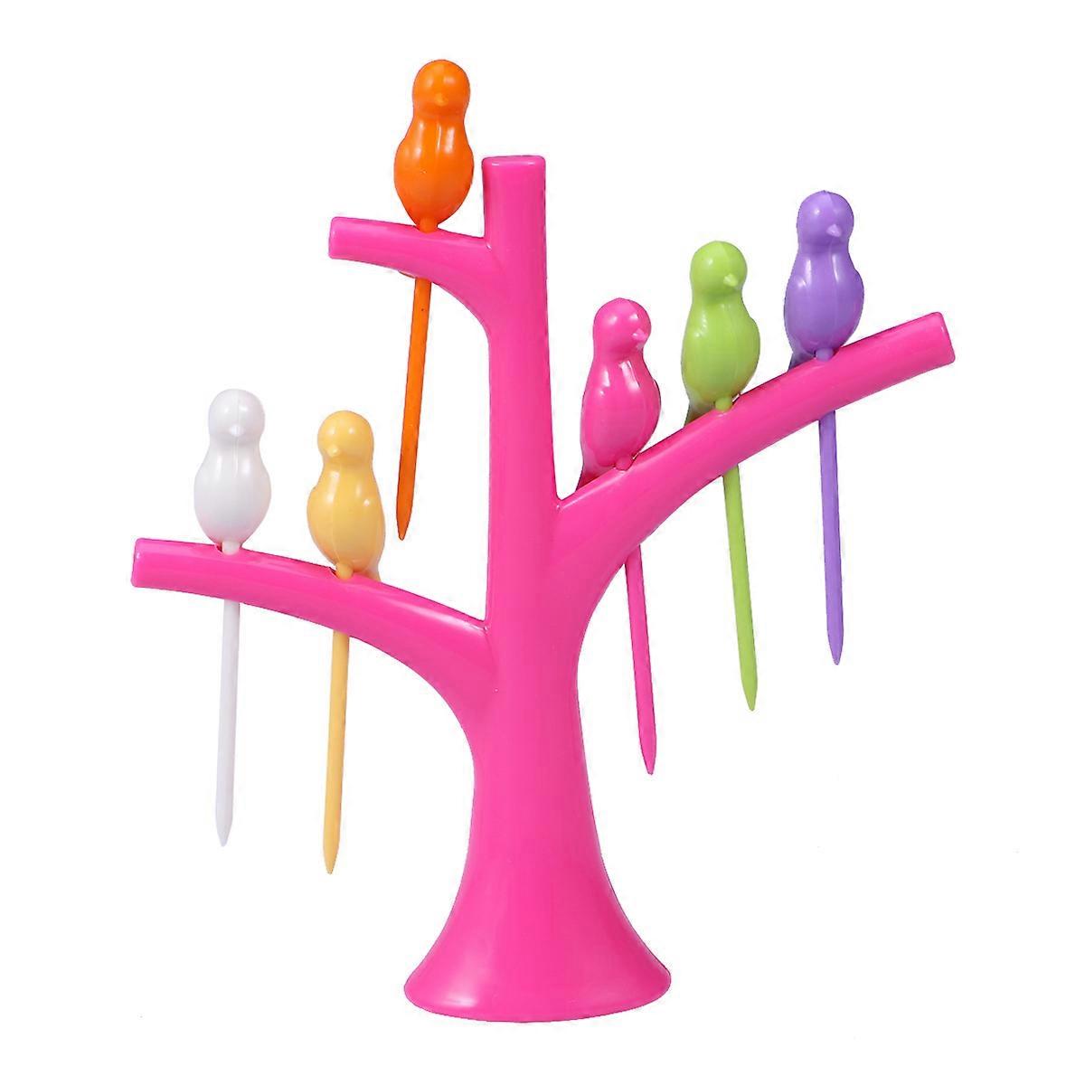 Fruit Fork Bird Shaped Tool for Party Home Decor Rosy Odorless Easy to Clean 6Pcs with Tree Shaped Holder 1Pc