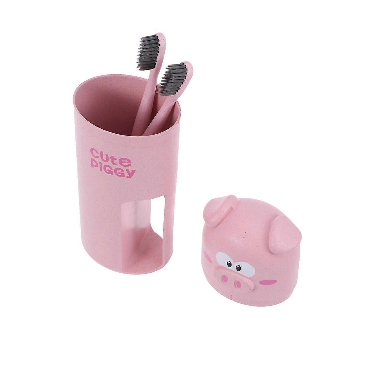Portable Toothbrush Cup Piggy Shape Washing Cup with Two Toothbrushes Pink