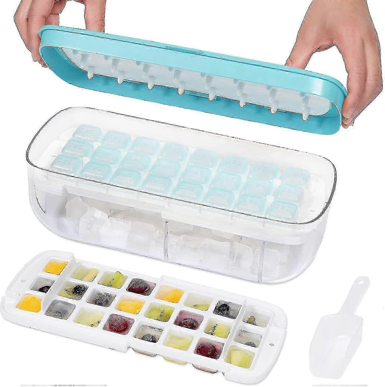 Silicone Ice Cube Tray With Lid And Bin, 48 Grids Press Type Ice Cube Molds Comes With Storage Bin And Ice Scoop-Yvan