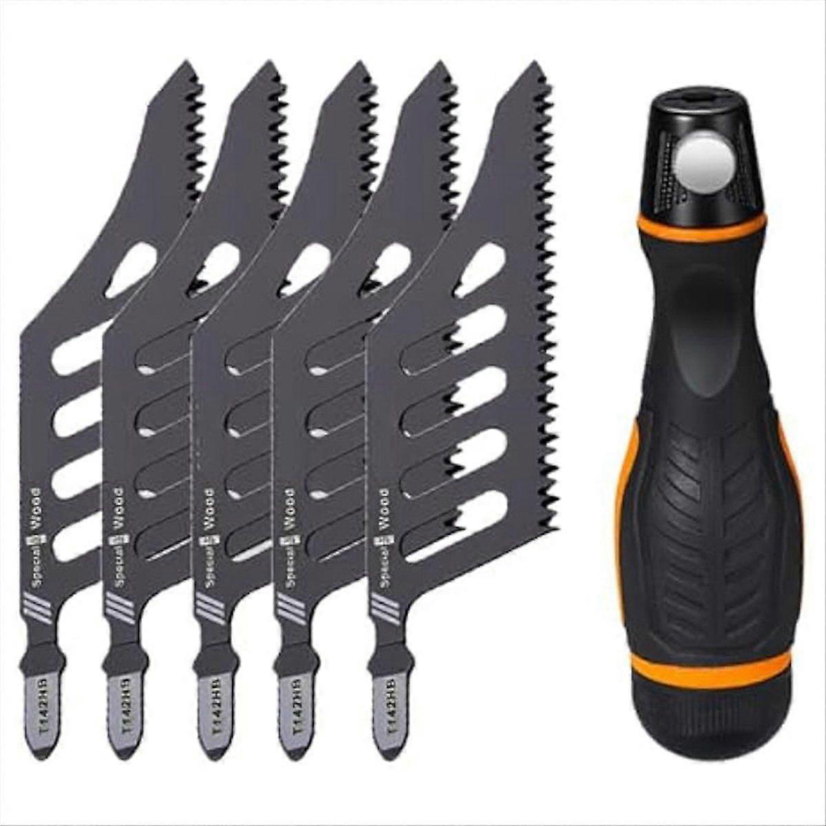 5Pcs Flush Cutting Jigsaw High Carbon Steel Irregular Curve Saw Blades with Handle for Softwood Fib