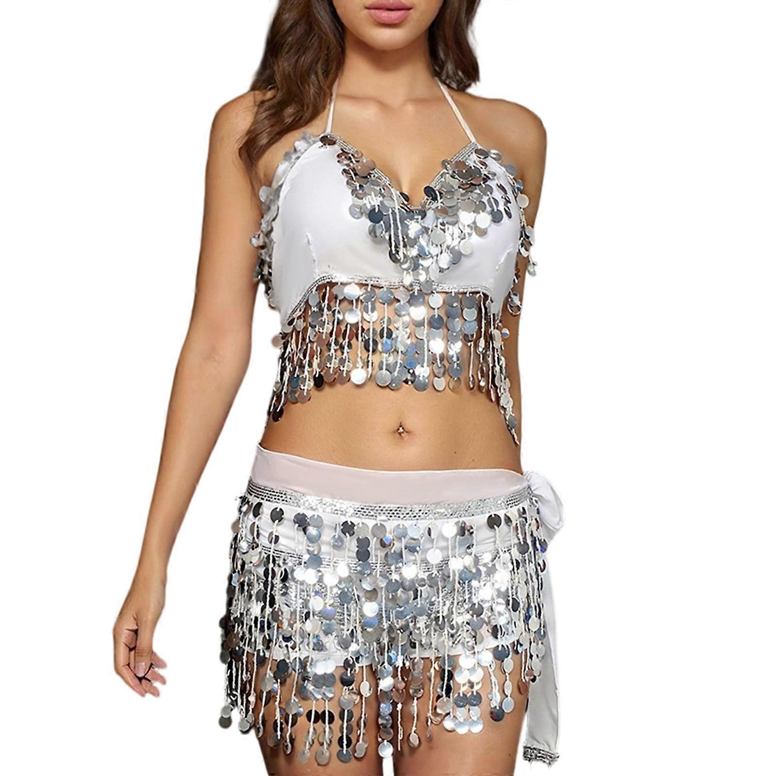 Multifunctional Belly Dance Outfit Set With Sequins Fringe Decorations Suitable For Practice And Performances  White os