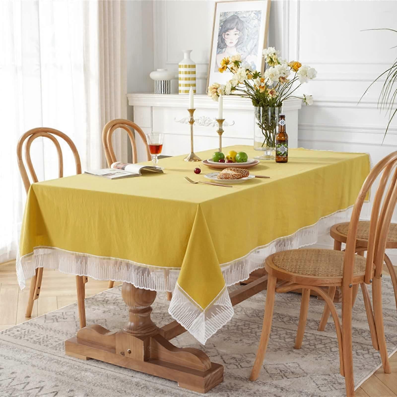 Tablecloths 130 x 180 cm Rectangular Yellow Cotton Lace Tablecloth, Plain Lace, ScratchResistant For Garden, Dining