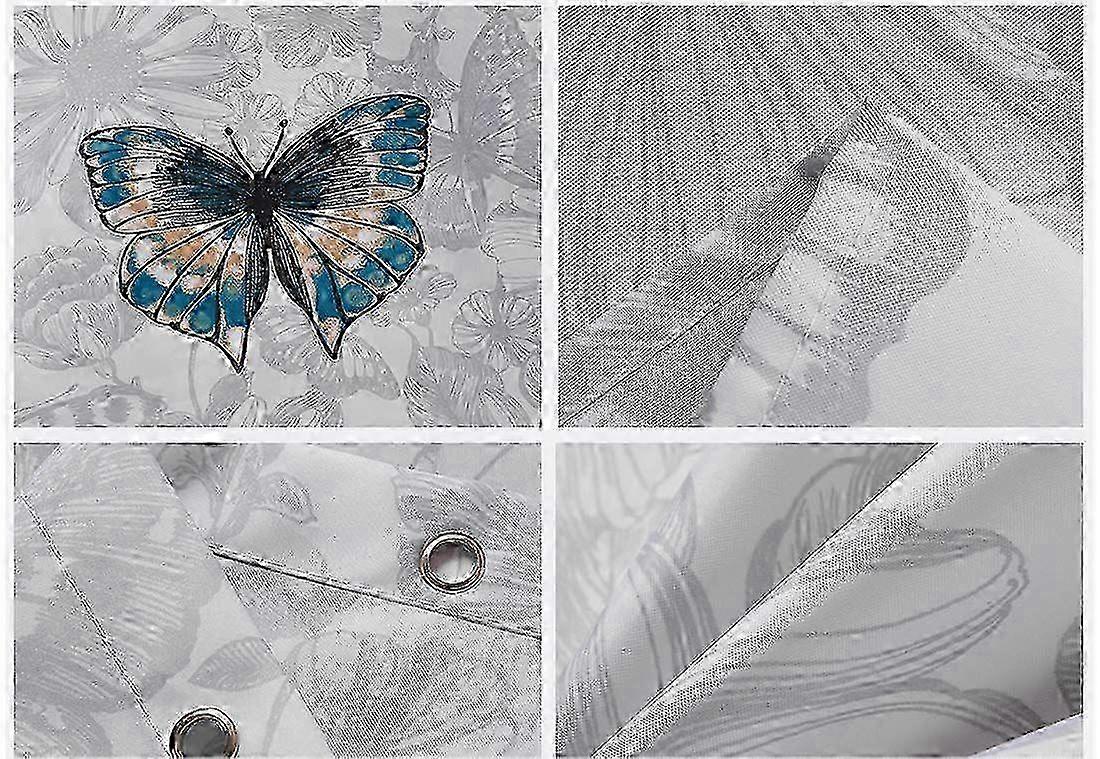 m Waterproof and mildew-resistant polyester fabric shower curtain with butterfly design, with hooks, washable and weighted hem.