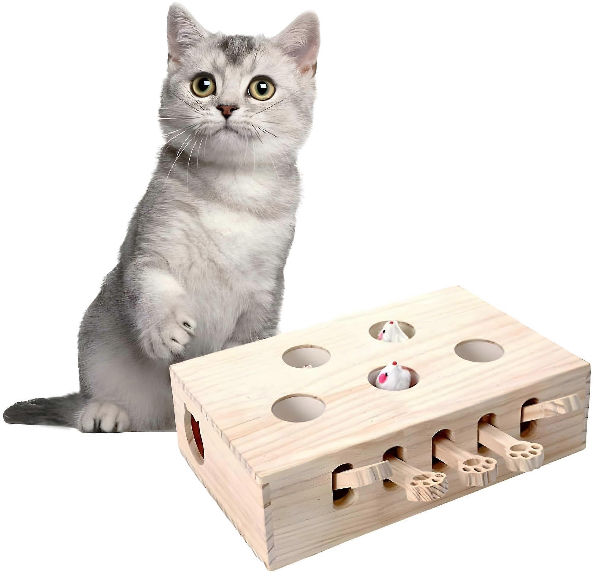 Interactive Cat Toy Wooden WhackaMole Puzzle Box with Mice for Indoor Hunting Training and Scratching