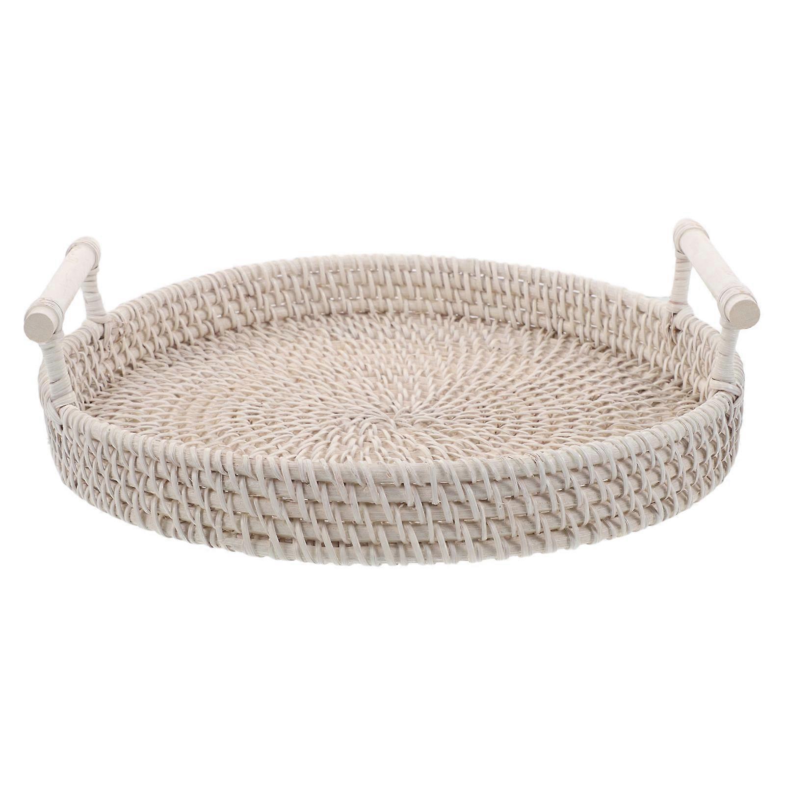 Round Rattan Tray for Organizing with Handles Handwoven Tabletop Storage Basket