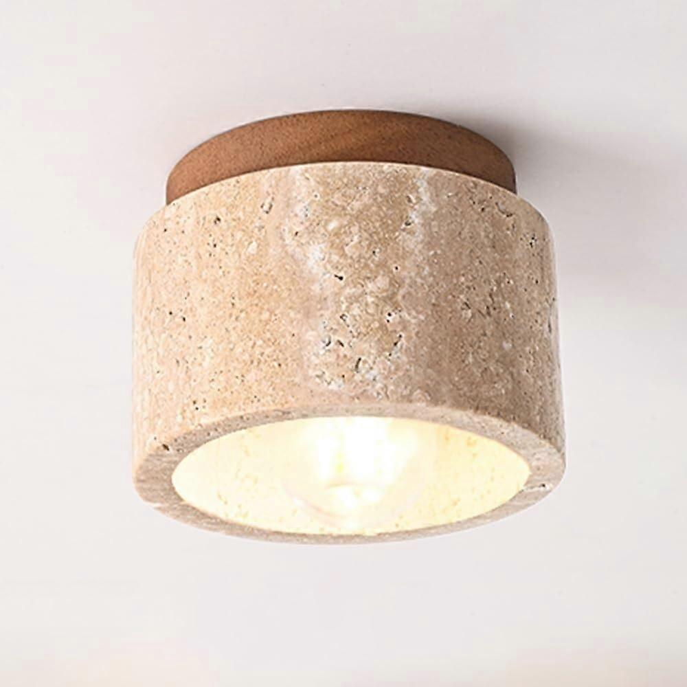 Japanese Ceiling Lamp with Natural Travertine and Solid Wood, Retro Semi Flush Mount Light Fixture