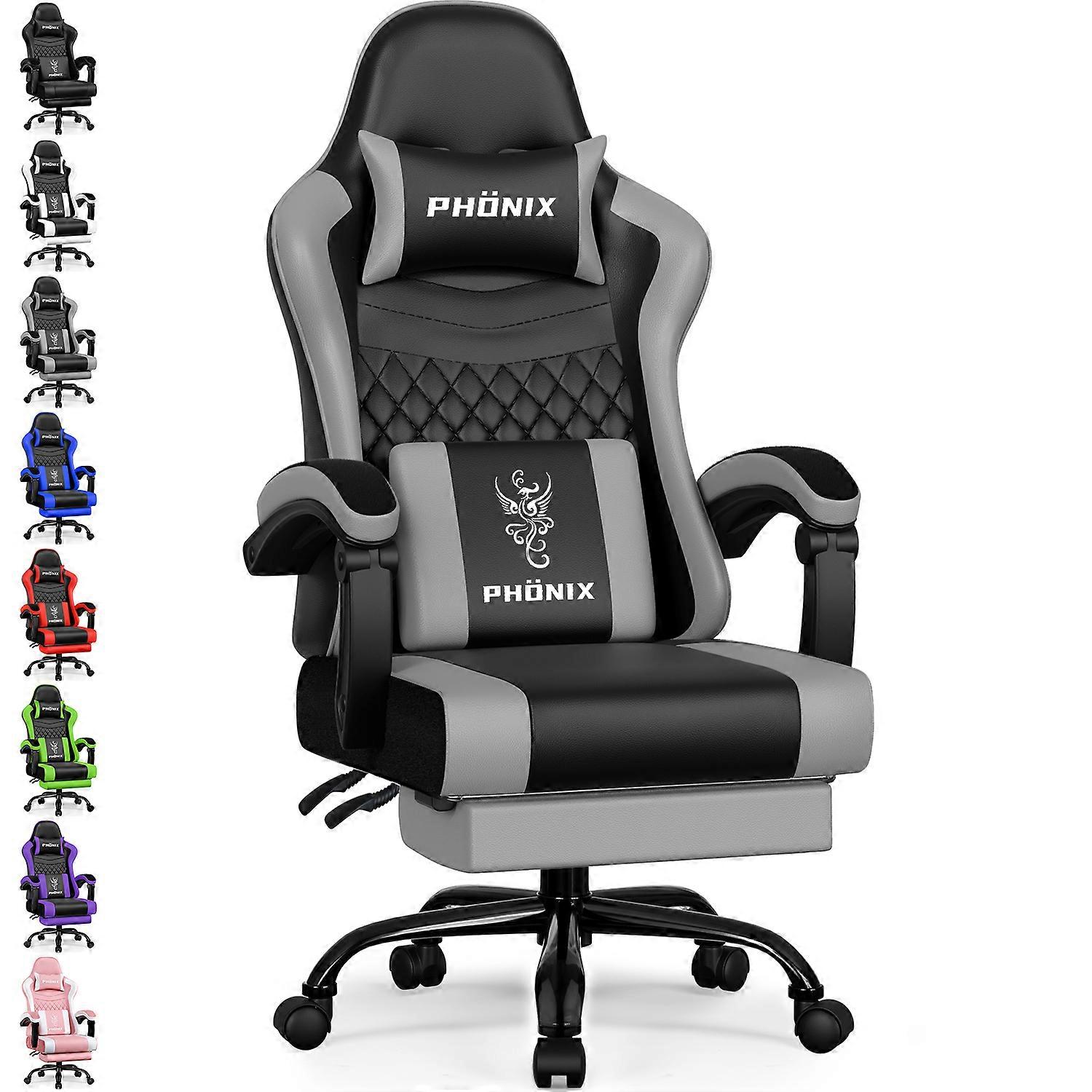 Minnouat Ergonomischer Gaming Stuhl mit Fußstütze – Neigbar von 90° bis 170°, Lendenkissen, Belastung bis 150 kg – Noir/Grau