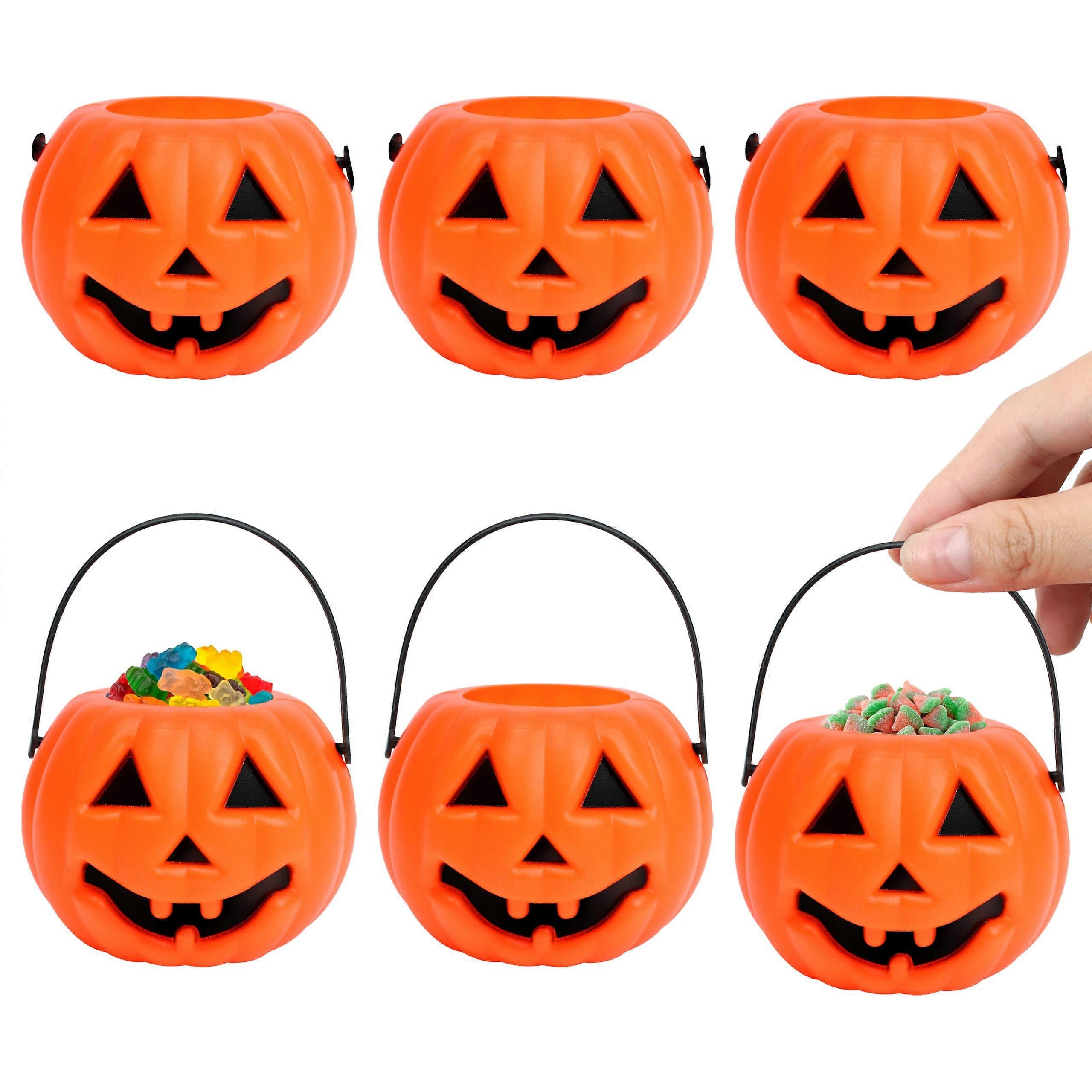 6pcs Halloween Candy Buckets Mini Pumpkin Jack O Lantern  Pails with Handle Orange Reusable