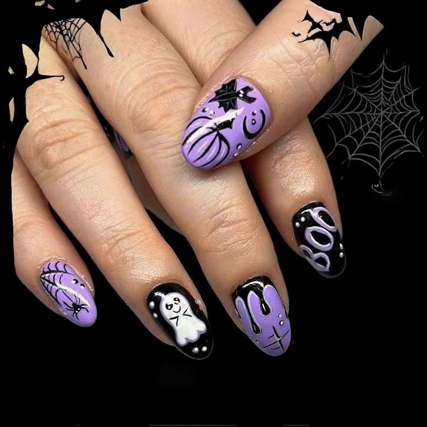Halloween Purple Press On Nails Short Square Reusable Bat Pumpkin Ghost Design False Nails