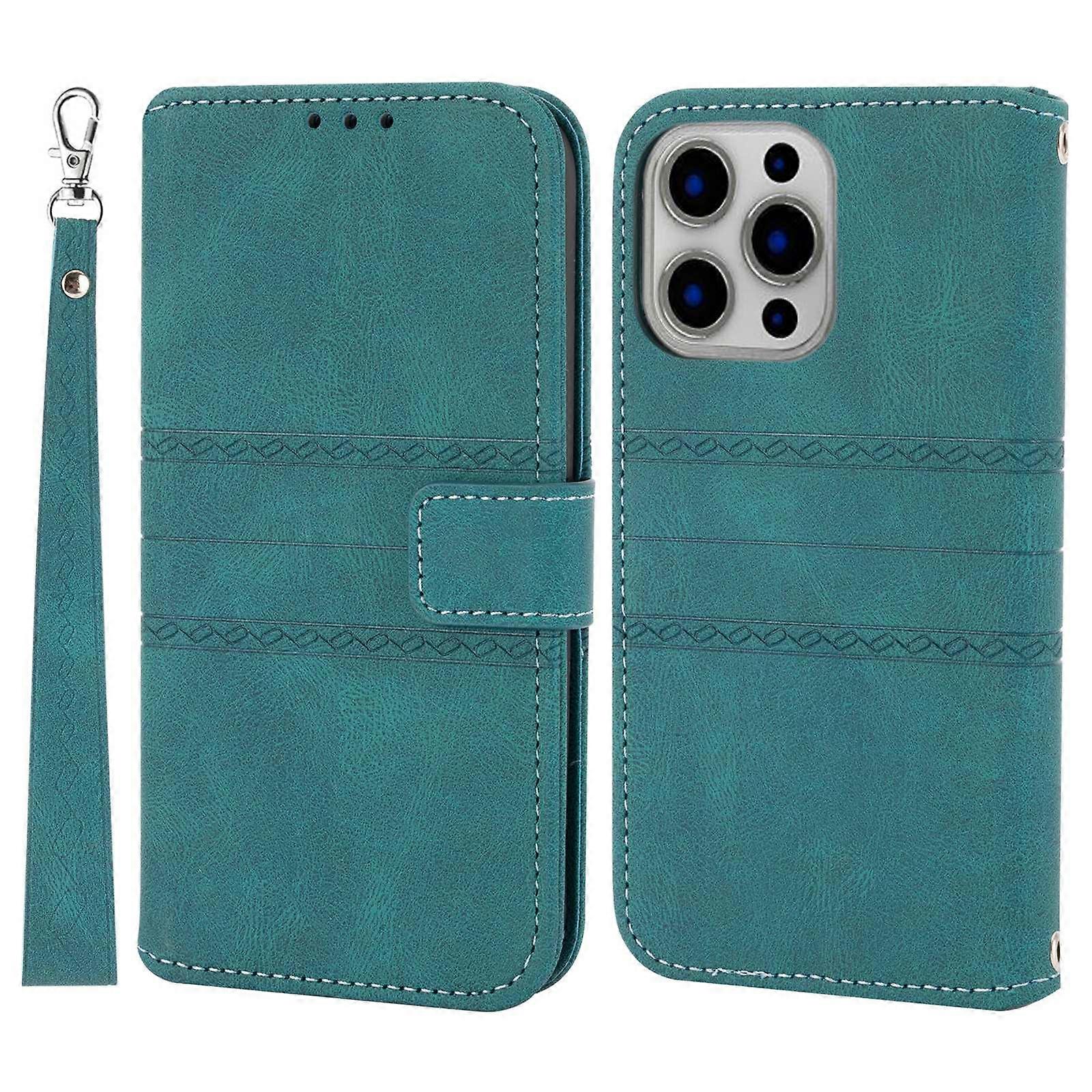 For iPhone 15 Pro Max Case Imprinted Leather Stand Shockproof Phone Shell with Strap