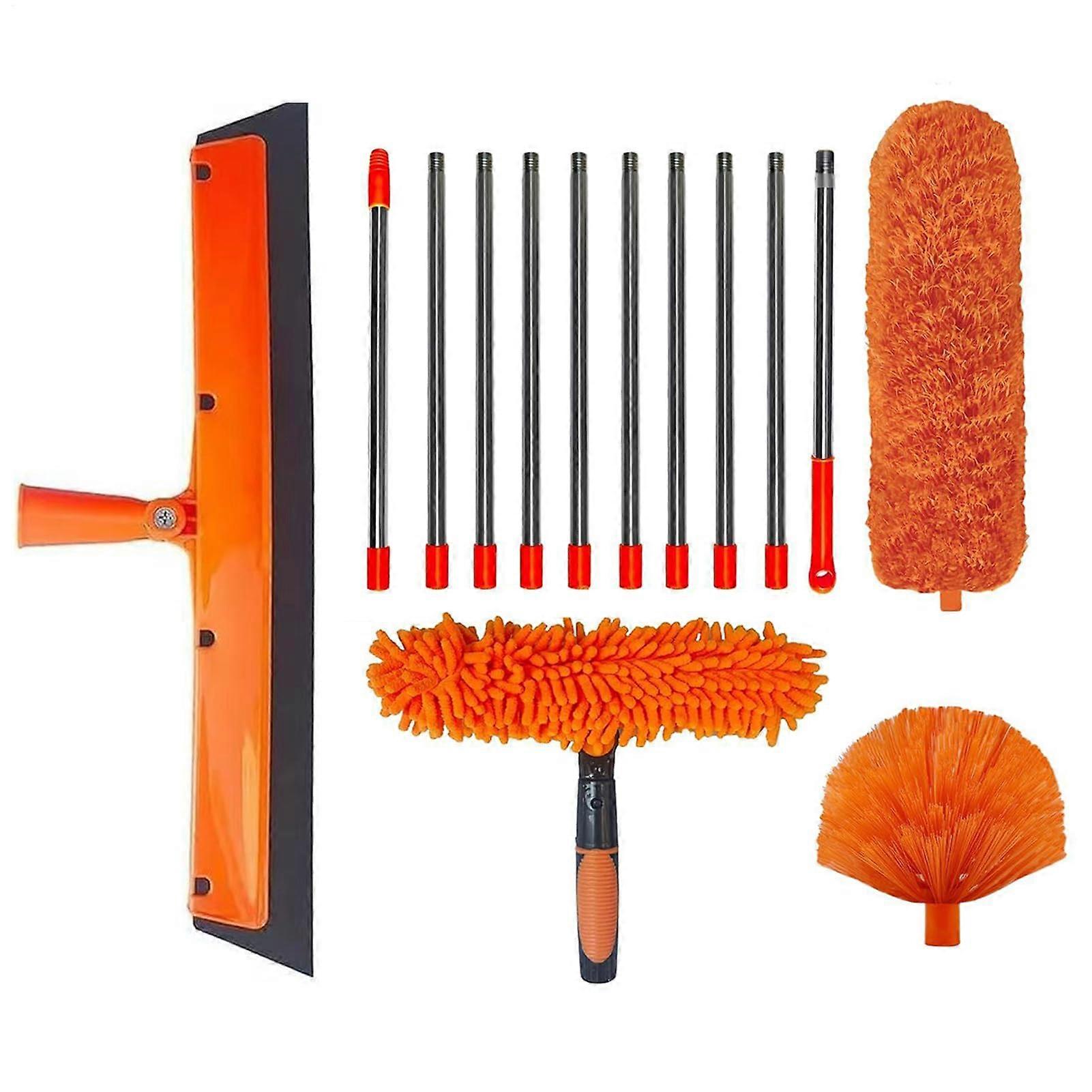 Duster with Extension Pole for  Ceilings, Ergonomic Cobweb Remover, Washable MultiTool Set Orange