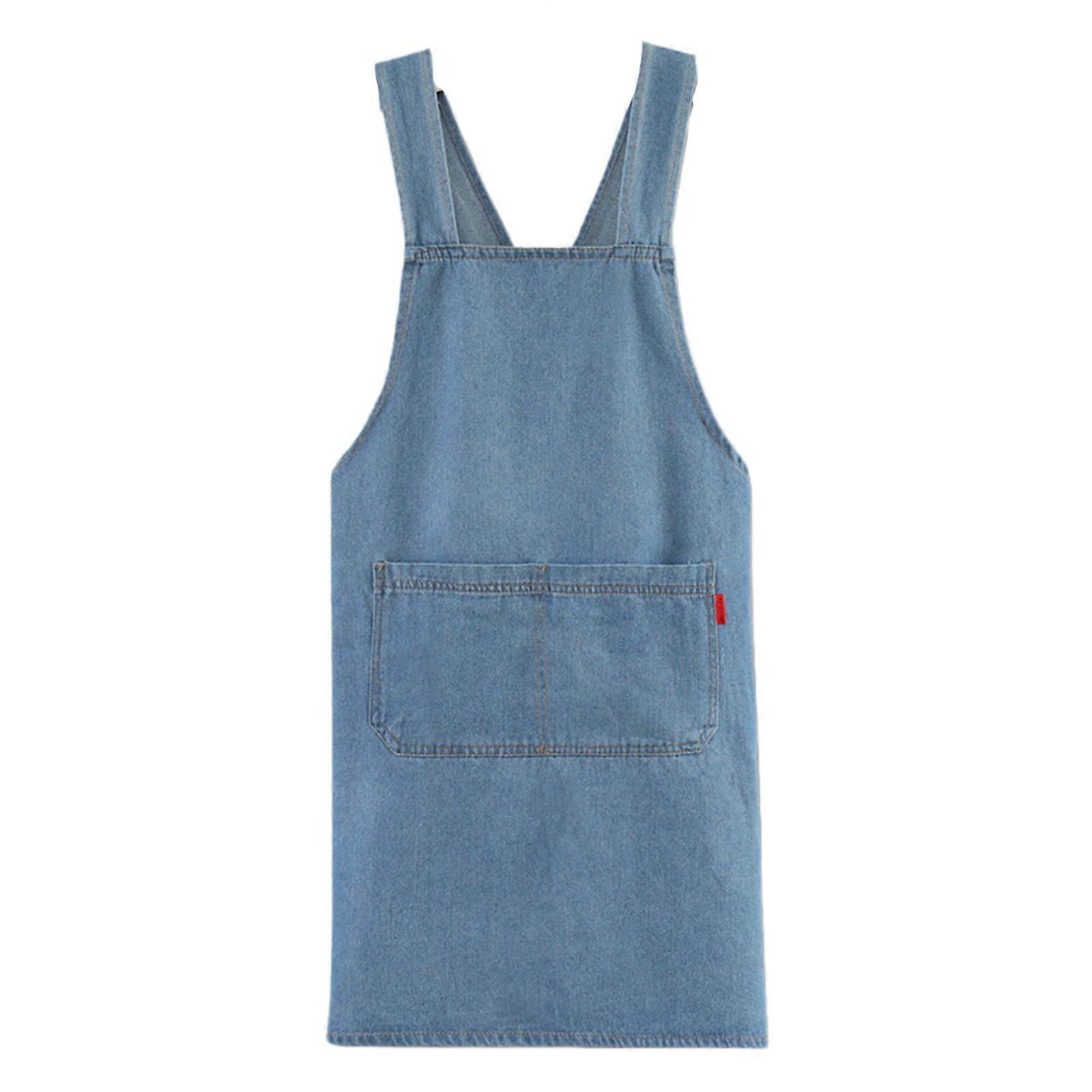 Light Blue Cotton Denim Cross Back Kitchen Apron with Adjustable Straps and Dual Front Pockets