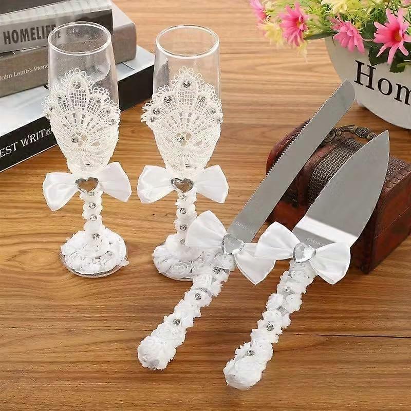 Wedding Champagne Flutes Set with Cake Knife and Server, Lace Bow Gift Box