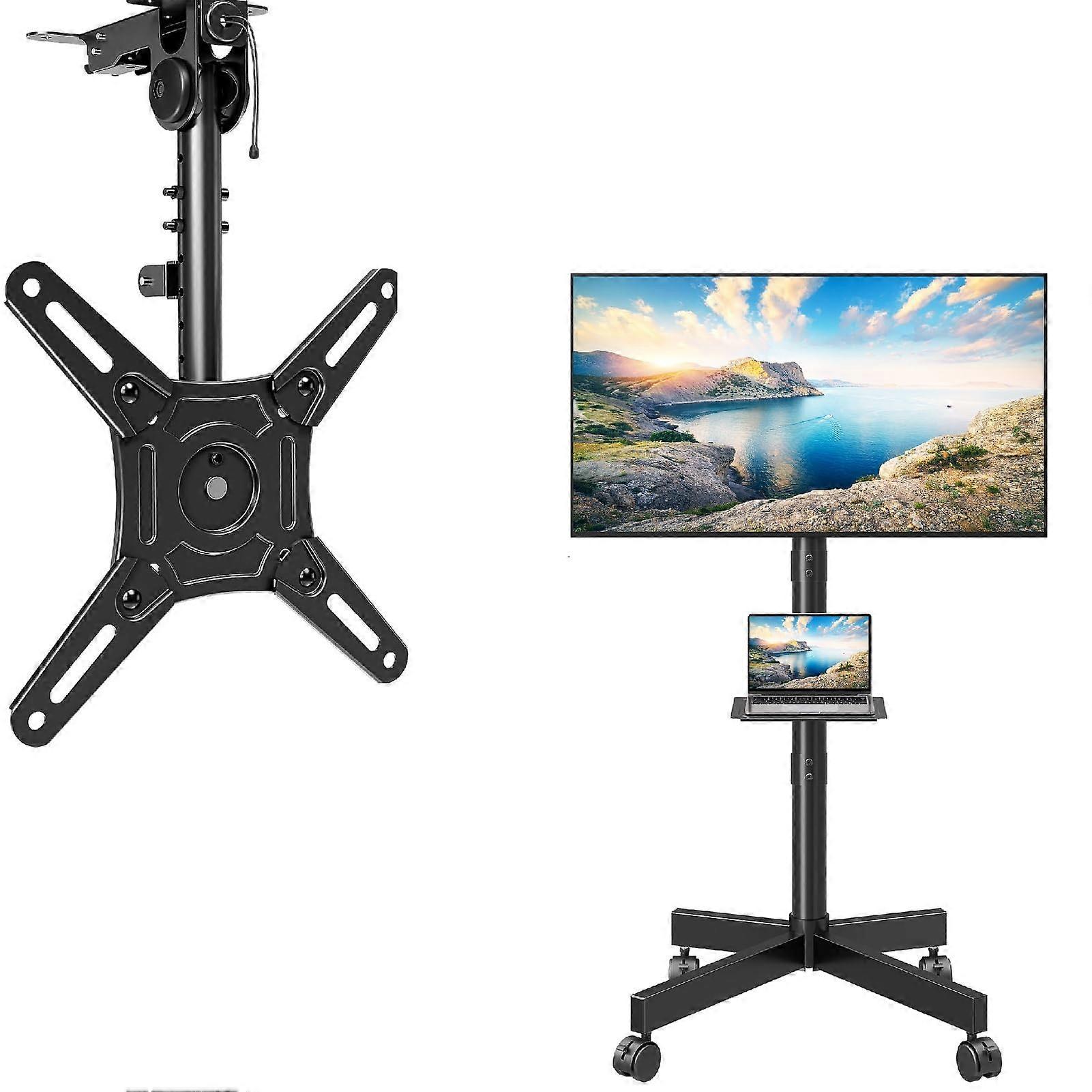 Flip Down TV Ceiling Mount Bundle with Height Adjustable Rolling TV Cart and Locking Wheels