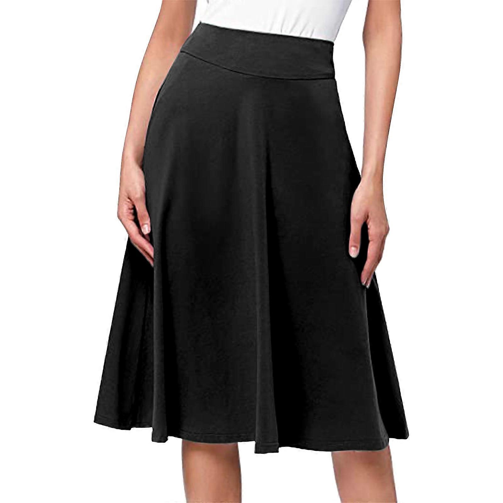 Simple Comfy Basic Solid Color Stretch A Line Flared Knee Length Skirt (Black,XL)