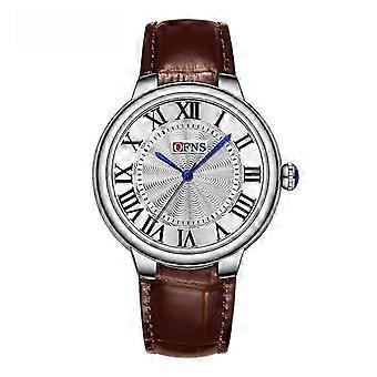 OFNS Classic Men's Watch - Brown Leather Strap, Silver Case, Roman Numerals, Blue Hands - Timeless Elegance for Everyday Wear