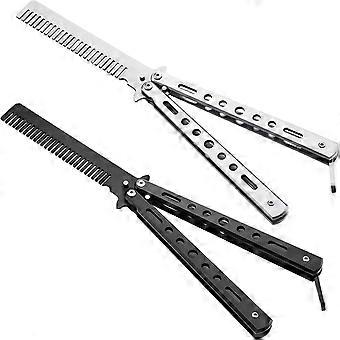 2 Pieces Butterfly Combs Stainless Steel Folding Training Practice Combs Hair Styling Tools for Sport Outdoor Use (Black, Silver)