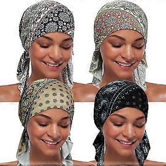 4-teiliges Set Damen-Chemomützen/Turbane/Beanies. Vorgebundene Kopftücher/Bandanas bei Haarausfall.