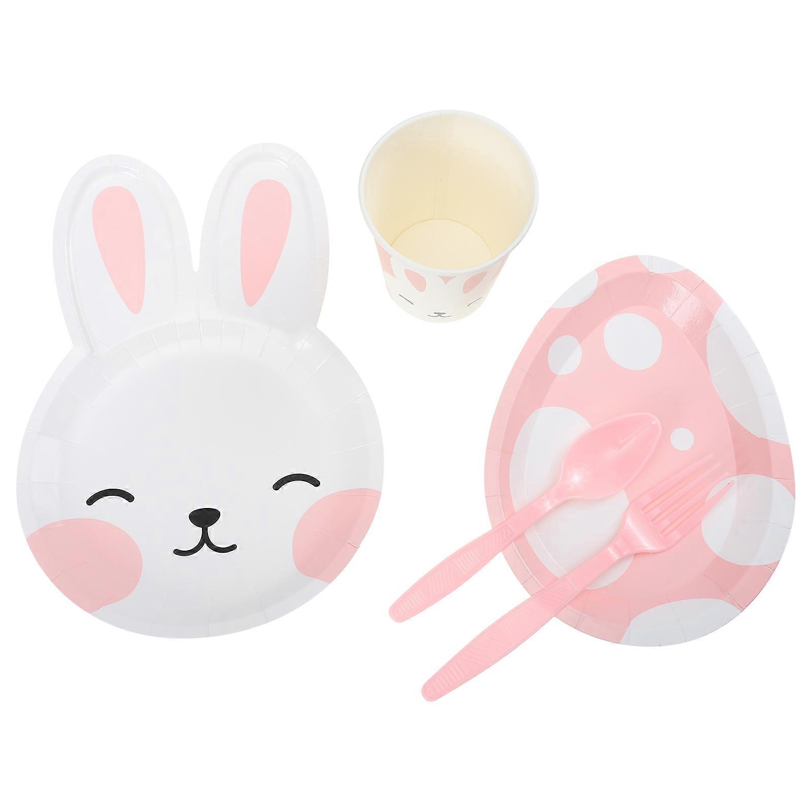1 Set Cardboard Rabbit Plates Egg Plates Cups Fork Spoon Easter Party Supply