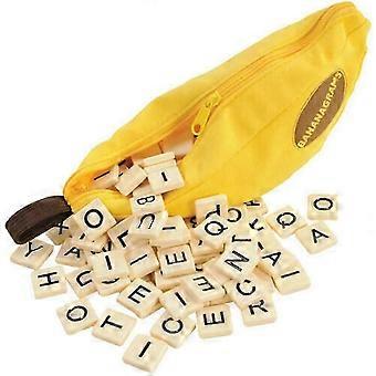 Woordspelpuzzelset met 144 letterblokjes in een bananenzakje.