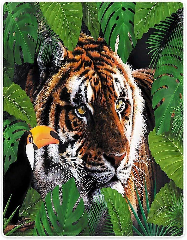 Soft Flannel Fleece Blanket Throw for Bed SofaGreen Leaf Tiger